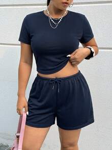 Muchica Setelan 2 Potong Wanita Ukuran Besar Warna Biru Tua Polos, Atasan Lengan Pendek Leher Bulat dan Celana Pendek Pinggang Bertali, Gaya Kasual Cerdas untuk Liburan Musim Panas, Y2K - Navy Blue - View 5