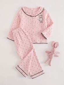 2pcs/Set Spring Autumn Winter Girls Toddler Home Wear Soft Comfortable Pink Double Layer Crepe Fashion Black Polka Dot Print With Cute Bunny Bow Embroidery Black Contrast Trim Ruffle Collar Long Sleeve Cardigan And Long Pants Set Early Autumn Thin Loungewear Pajamas - Baby Pink - View 7