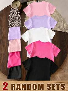 (2 Random Item From 5) Girls Summer Colorful Floral Hollow Heart Leopard Print Decorative Pattern Basic Short T-Shirt And Shorts Set - Multicolor - View 2