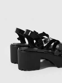 HighSole 女款時尚高跟綁帶涼鞋，簡約休閒日常穿搭 - 黑色鏡面 - 查看 4