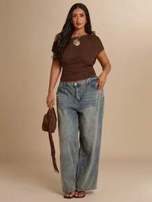 SHEIN BAE CURVE Plus Size Women Solid Color Asymmetrical Shoulder Ruched Fitted Versatile Casual T-Shirt - Brown - View 4