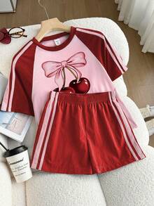 Elladie kids 少女櫻桃印花插肩袖短袖T恤與短褲休閒套裝 - 紅色 - 查看 5