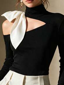 Balvessa Women's Half-High Neck One-Shoulder Asymmetrical Cut-Out Off-Shoulder Top With White Contrast Ribbon Bow Decor, Long Sleeve, Cinched Waist - Black and White - View 5