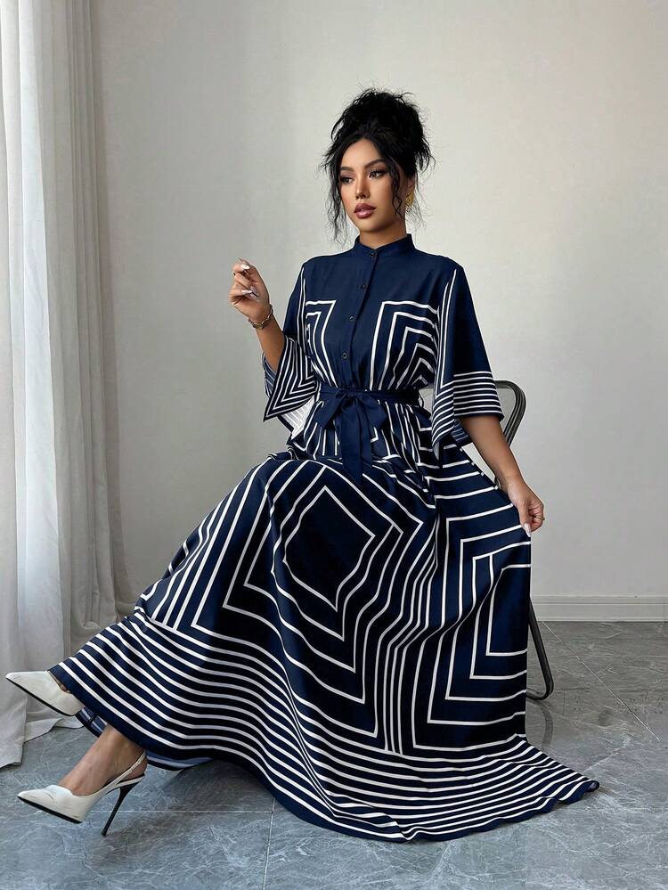Elenzga Women's New Geometric Pattern Asymmetric Mid-Sleeve Dress,Navy Blue And White,Summer Modest Party French Elegant Cinched Waist A-Line Long Dress - Navy Blue - View 7