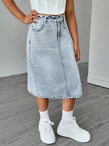 SHEIN Elladie kids 青春期前女孩百搭百搭简约休闲水洗浅蓝色牛仔迷你裙 - 淺色水洗藍 - 查看 4