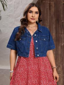 EMERY ROSE Plus Size Casual Cropped Denim Jacket For Vacation - Dark Wash - View 3
