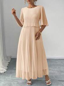 Elenzga Plus Size Plain Color Elegant Elegant Lady Chiffon Pleated Dress, Spring & Summer Fall - Apricot - View 8