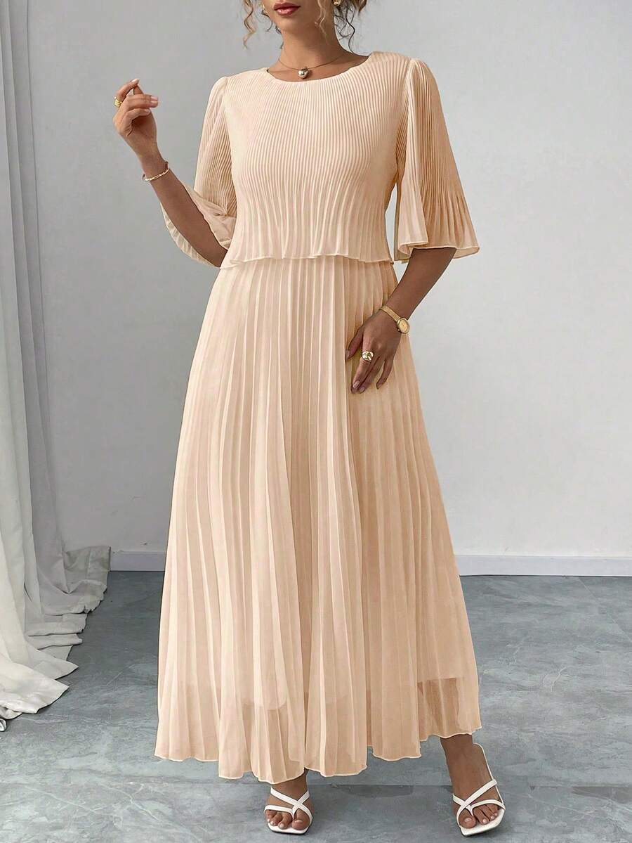 Elenzga Plus Size Plain Color Elegant Elegant Lady Chiffon Pleated Dress, Spring & Summer Fall - Apricot - View 1
