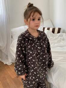 Hapijoa Girls' 2 Pieces Peter Pan Collar Princess Floral Long Sleeve Straight Leg Pants Set, Autumn/Winter Loungewear (Small) - Camel - View 6