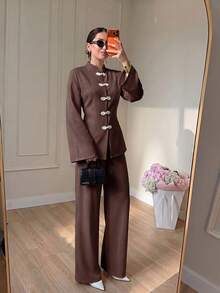 Modelyn 春夏女款兩件套，附腰部收緊繫帶與盤扣設計，顯瘦優雅百搭，適合日常通勤 - 咖啡棕 - 查看 5