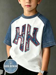 (1 Pc) Boys' Fashion Casual Minimalist Icon Red Trim Patchwork Graphic Basic Short Sleeve T-Shirt, Comfortable For All Seasons, Daily Wear - Multicolor - View 1