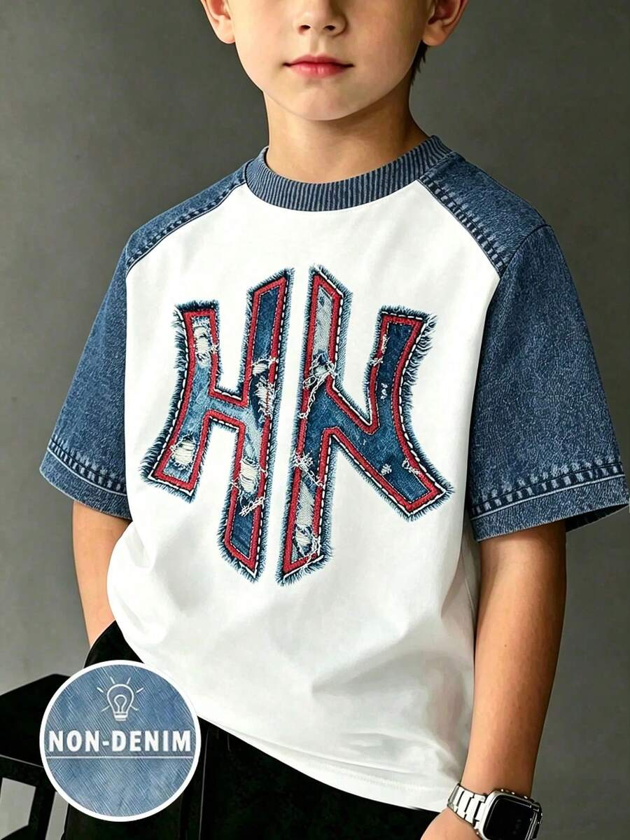(1 Pc) Boys' Fashion Casual Minimalist Icon Red Trim Patchwork Graphic Basic Short Sleeve T-Shirt, Comfortable For All Seasons, Daily Wear - Multicolor - View 1