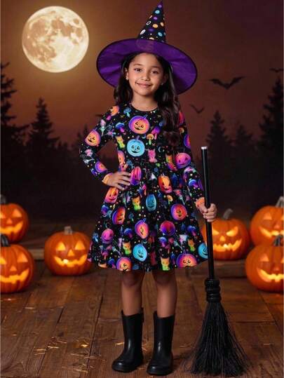 Tween Girl Tween Girl Casual Single Piece Fun Halloween Pattern Knit Dress, Suitable For Role Play. Suitable For Autumn/Winter Wear, Casual, Daily Wear And School, Halloween Girls Dress, Ghost Dress, Children's Halloween Dress, Halloween Costume