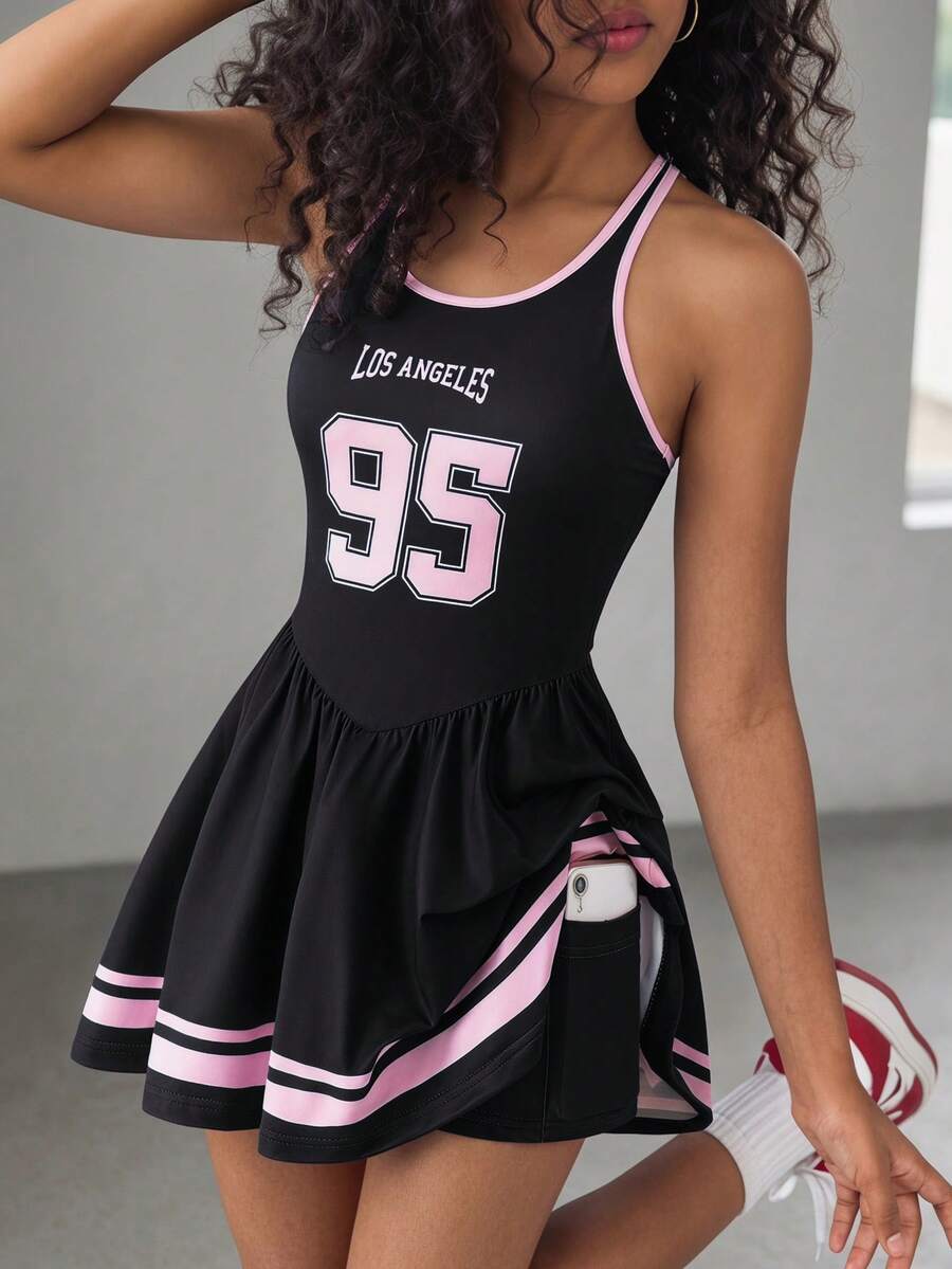 SHEIN 青少年女孩休閒運動字母黑白對比色交叉細肩帶背心洋裝 - 黑色 - 查看 1