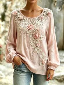 Breezaya Women's Round Neck Floral Pattern Casual Romantic Elegant Versatile Daily Wear Long Sleeve Top Date Rose Pink Autumn - Pink - View 3