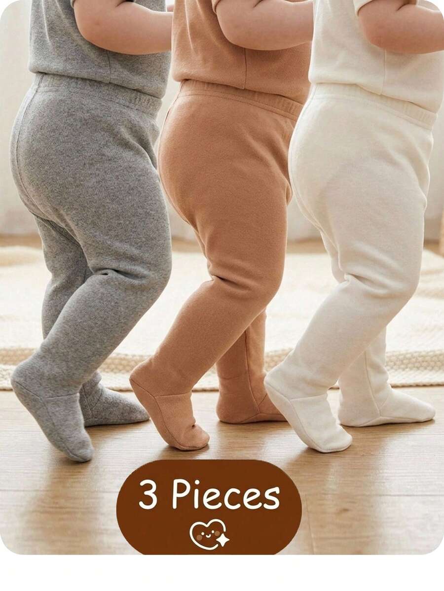 SHEIN 3pcs/Pack Newborn Baby Girl Solid Color Knit Simple Casual Cute Versatile Leggings Fall Winter - Multicolor - View 1