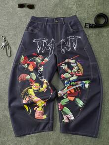 TEENAGE MUTANT NINJA TURTLES | SHEIN Men's Cartoon Print Curved Leg Jeans - Black - View 1