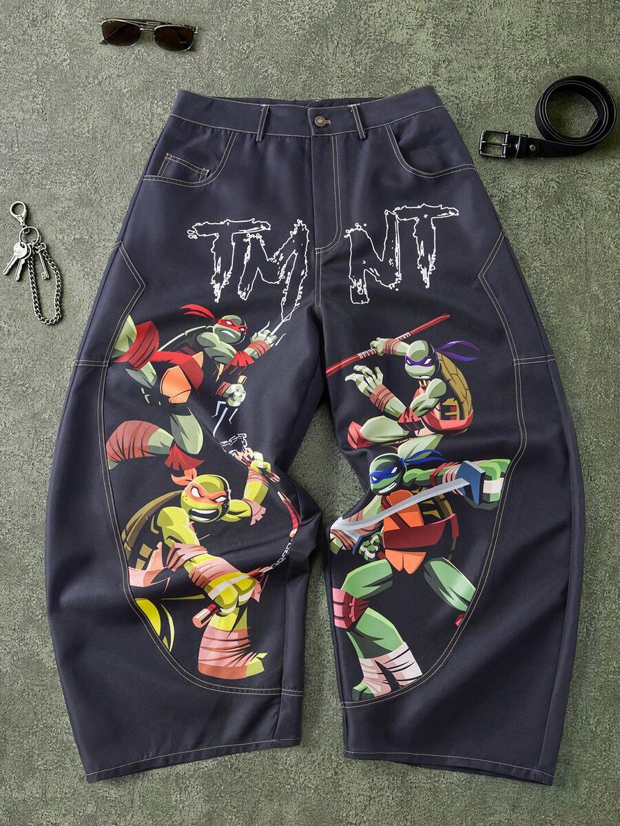 TEENAGE MUTANT NINJA TURTLES | SHEIN Men's Cartoon Print Curved Leg Jeans - Black - View 1