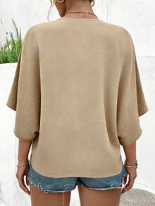 Ceyna Plus Size Women's Elegant Solid Color Jacquard V-Neck Raglan Sleeve Button Decor Beach Resort 2025 Spring/Summer New Versatile Blouse - Khaki - View 2