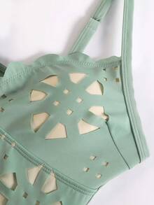 Sirith Summer New Shoulder Strap Black Laser Cutout Hollow See-Through Sexy Women's One-Piece Swimsuit Dress Set High-End Fashion One-Piece Set - Green - View 10