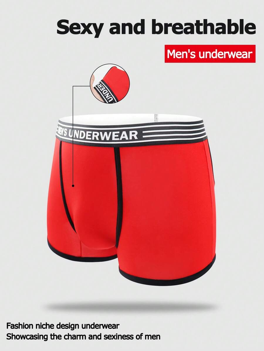 SHEIN DrisQ Men's Contrast Color Striped Sexy Butt-Revealing Boxer Briefs - Red - View 1