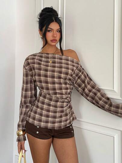 Aloruh Women's New Autumn/Winter Brown Plaid Asymmetric Shoulder Long Sleeve Blouse