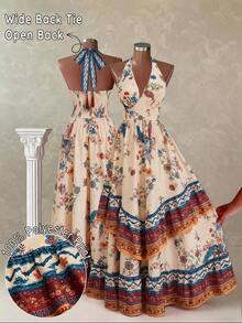 Flirla Plus Size V-Neck Halter Floral Print Elegant Retro Cute Maxi Dress For Women - Multicolor - View 1
