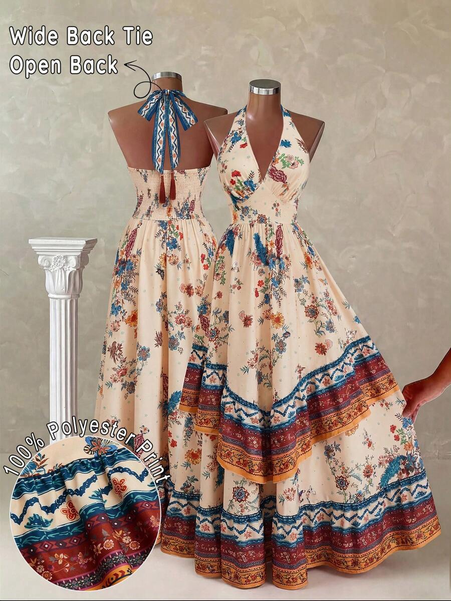 Flirla Plus Size V-Neck Halter Floral Print Elegant Retro Cute Maxi Dress For Women - Multicolor - View 1