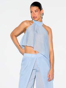 KIZN Chiffon-Crop-Top mit Neckholder, Rüschensaum, offenem Rücken, ärmellos, Bluse für Sommer, Strand, Urlaub, Party und Festival - Graublau - Übersicht 2