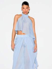 KIZN Chiffon-Crop-Top mit Neckholder, Rüschensaum, offenem Rücken, ärmellos, Bluse für Sommer, Strand, Urlaub, Party und Festival - Graublau - Übersicht 5