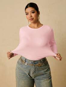 Freevana Plus Size Women's Black Long Sleeve Crew Neck Thermal Base Layer, Ruched Waist T-Shirt - Pink - View 7
