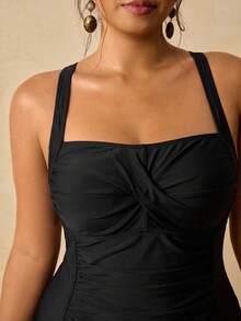 Travachic Plus Size Women's Solid Color Ruched One-Piece Swimsuit With Spaghetti Straps For Vacation - Black - View 5