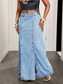 BamGleam Women's Casual Daily Denim Skirt With Pockets, Button And Slit Design - Blue - View 4