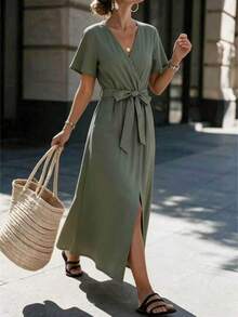 Louniche Women's Solid Color Casual Tropical Vacation Comfortable Dress, Spring/Summer Overlap V-Neck Ruffle Sleeve, Waist Tie Hem Slit Brunch Sage Green - Army Green - View 7