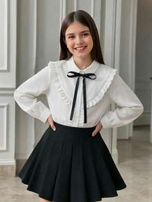 1 pieza Camisa blanca lisa estilo universitario para niñas con lazo de cinta negra en el cuello, blusa interior de manga larga con decoración de encaje con volantes en el pecho, atuendo de campus para primavera/otoño - Blanco - Ver 1