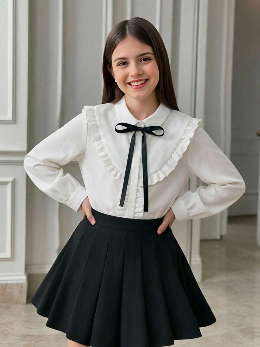 1 pieza Camisa blanca lisa estilo universitario para niñas con lazo de cinta negra en el cuello, blusa interior de manga larga con decoración de encaje con volantes en el pecho, atuendo de campus para primavera/otoño - Blanco - Ver 1
