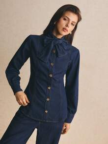 Poéselle Women's Fashion Street Button Bow Tie Lace-Up Denim Top - Dark Wash - View 4