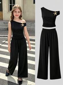 This Tween Girls T-Shirt Set Features An Off-The-Shoulder Design, With A Spaghetti Strap On One Side Supporting The Shoulder While The Other Naturally Falls To Reveal The Shoulder, Creating A Subtly Look. The Gathered Waistline Naturally Accentuates The Figure, Making It Perfect For Spring And Summer. - Black - View 7