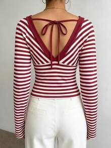 Elenzga Women's Autumn Casual Striped Slim Fit T-Shirt - Burgundy - View 2