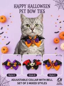 PETSIN 1PC Halloween Bat Wing Bow Tie Pet Collar / Soft Smooth Satin Fabric Halloween Themed Bow With PU Bat Wing Pumpkin Eyeball Decor Adjustable Velvet Neck Strap With Crisp Sound Metal Jingle Bell - Multicolor - View 2