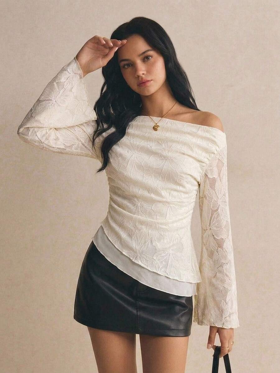 Tween女孩不對稱肩針織印花上衣,休閒優雅時尚百搭,親子款白色正式秋季上衣 - 白色 - 查看 1