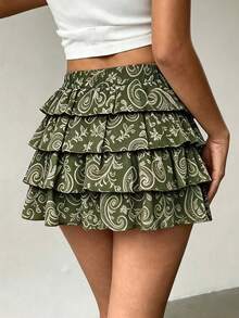 Rina Fox Falda de estilo pastel con estampado integral y volantes abullonados en el bajo para mujer, primavera/verano - Verde - Ver 2