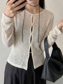FRIFUL Women's Casual Versatile Solid Color Front Button Top Long Sleeve - Apricot - View 5