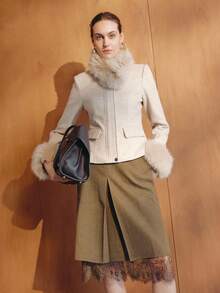 MOTF PREMIUM DETACHABLE FURRY COLLAR & CUFFS CINCHED WAIST 3D CUT WOOL OVERCOAT - Apricot - View 2