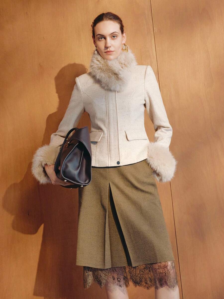 MOTF PREMIUM DETACHABLE FURRY COLLAR & CUFFS CINCHED WAIST 3D CUT WOOL OVERCOAT