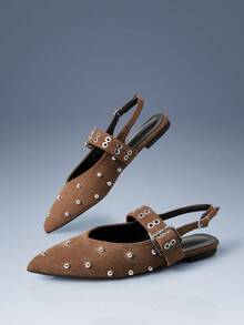 CUCCOO GRLICON Khaki Brown Suede Pointed Toe Rivet Rear Trip Strap Flat Shoes Women's Soft Sole Comfortable Commuting Versatile Low Vamp Shoes Fall Shoes - Khaki - View 3