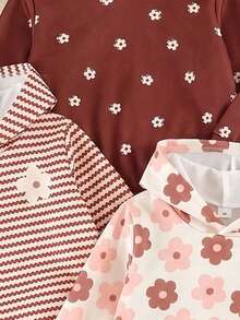 SHEIN 3套女童幼兒休閒可愛花卉與條紋圖案印花連帽衫+內搭褲，適合秋冬日常穿著與戶外活動 - 彩色 - 查看 4
