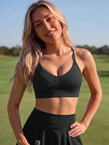 CourtClass CourtClass 女款純色無縫運動內衣 健身運動黑色夏季運動休閒運動風 - 黑色 - 查看 3