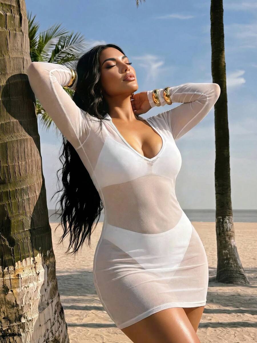 SHEIN Swim Plus Size Solid Color Versatile Sheer Long Sleeve Cover-Up Dress - White - View 1