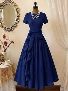 Vintamour Women's Ruffle Hem Elegant Long Dress Day Party Dinner Navy Blue Wedding Guest Dress For Women Elegant Party Blue Dress For Women Fall Winter 2026 - Blue - View 1